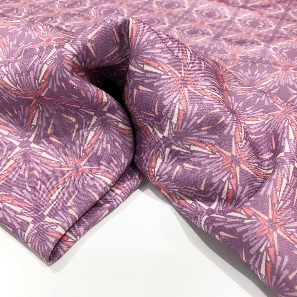 Organic Tencel Twill Lavender Kaleidoscope fabric with vibrant digital print, eco-friendly GOTS-certified inks, soft drape, and sustainable twill texture – 52 inches wide