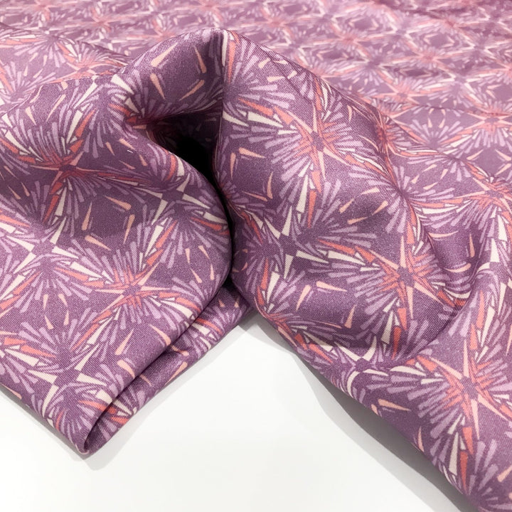 Organic Tencel Twill Lavender Kaleidoscope fabric with vibrant digital print, eco-friendly GOTS-certified inks, soft drape, and sustainable twill texture – 52 inches wide