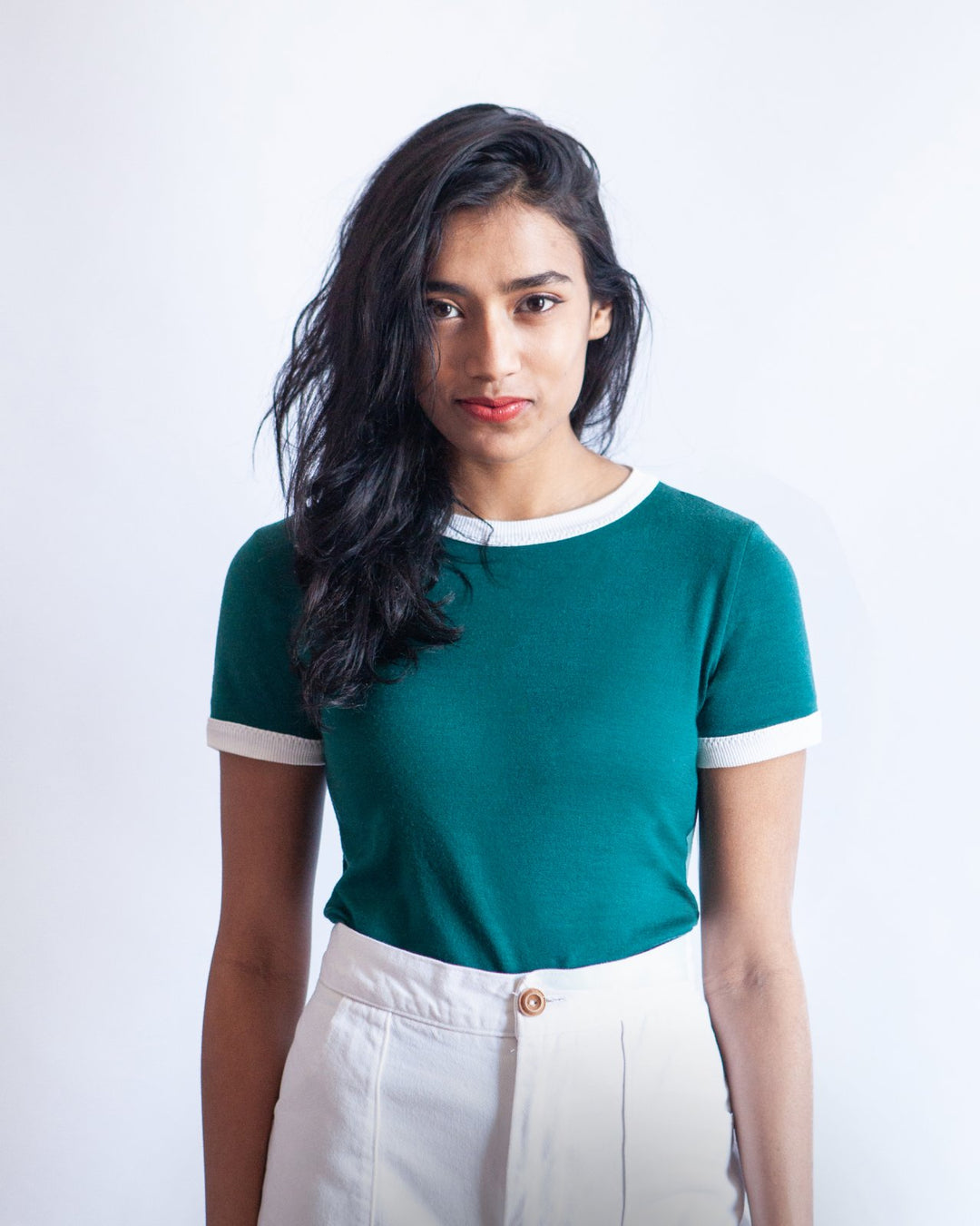 True Bias Rio Ringer T-Shirt & Dress sewing pattern with retro ribbed neckline and sleeve trim in T-shirt and dress versions