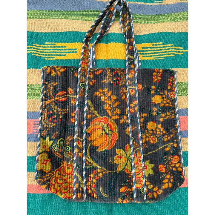 Quilted Velvet Market Bag - Midnight Floral (Reversible)