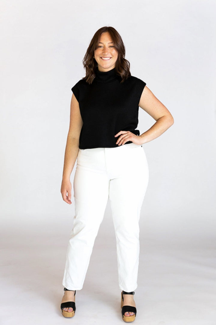 Chalk & Notch Max Tee sewing pattern with cropped and hip-length options, muscle tee shoulders, and three neckline finishes in sizes 0–30.
