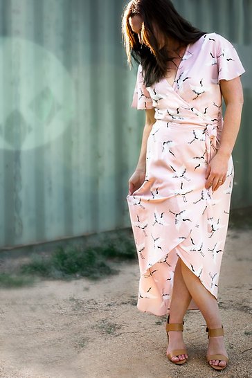 Sew to Grow Charlianne Wrap Dress sewing pattern, flutter sleeves, maxi tulip hem, tailored darts, elegant handmade dress