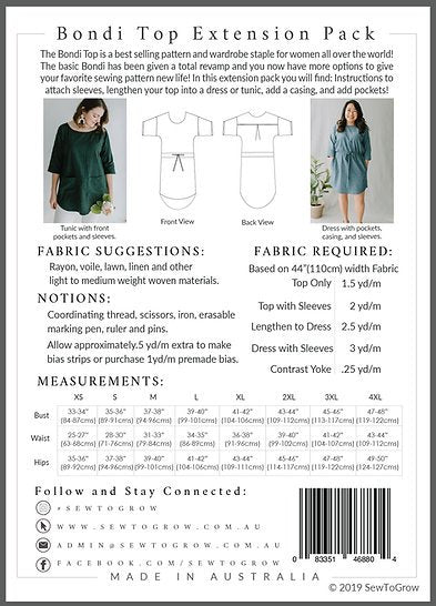 Sew to Grow Bondi Extension for Bondi Top Pattern, includes sleeves, pockets, casings, and dress/tunic length options