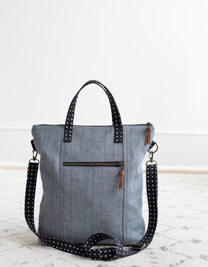 Noodlehead Redwood Tote sewing pattern for DIY crossbody bag with zippered pockets and adjustable strap