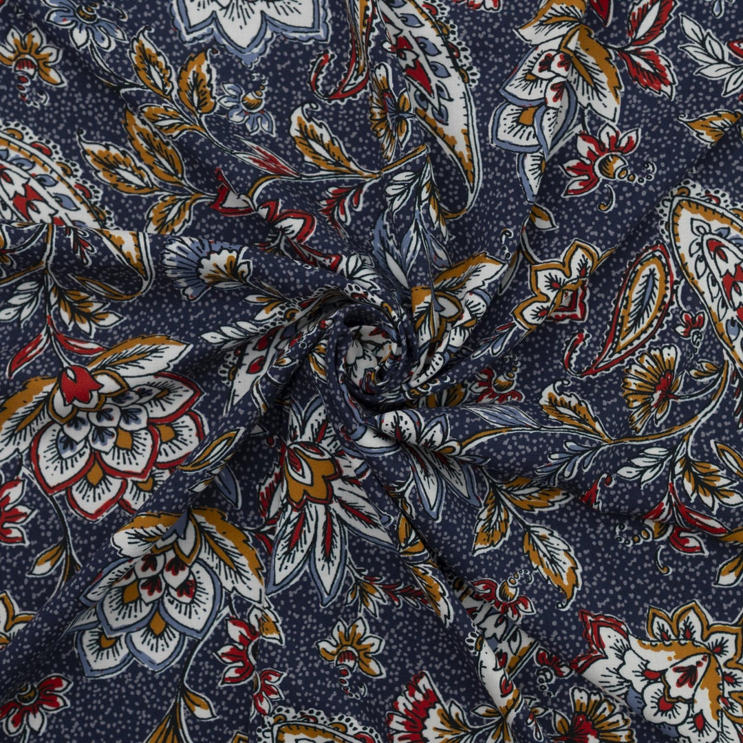 Rayon Challis Navy Paisley fabric, soft lightweight draping material with intricate navy paisley print
