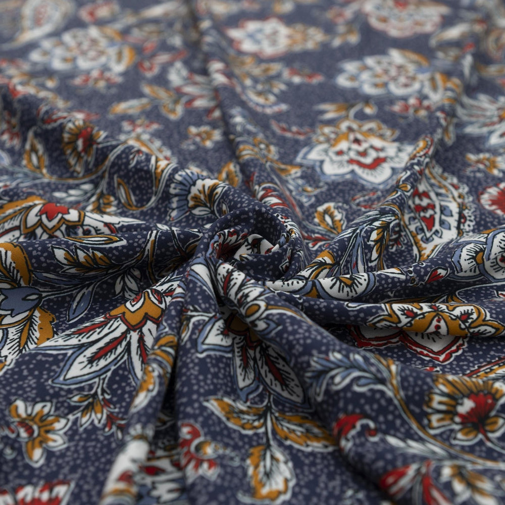 Rayon Challis Navy Paisley fabric, soft lightweight draping material with intricate navy paisley print