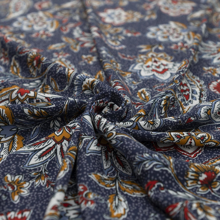 Rayon Challis Navy Paisley fabric, soft lightweight draping material with intricate navy paisley print
