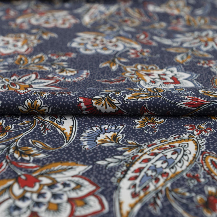 Rayon Challis Navy Paisley fabric, soft lightweight draping material with intricate navy paisley print