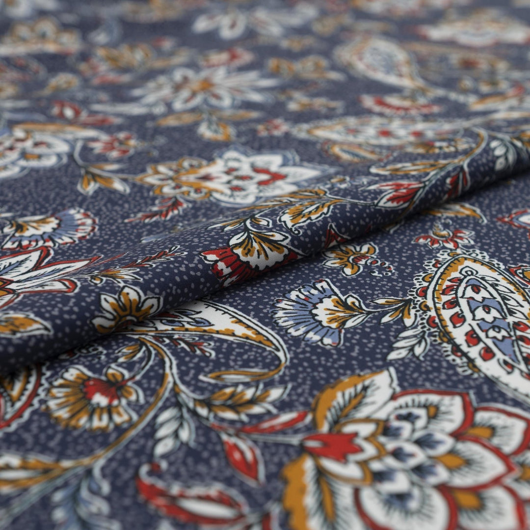Rayon Challis Navy Paisley fabric, soft lightweight draping material with intricate navy paisley print