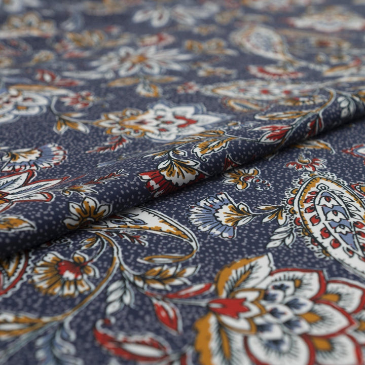 Rayon Challis Navy Paisley fabric, soft lightweight draping material with intricate navy paisley print