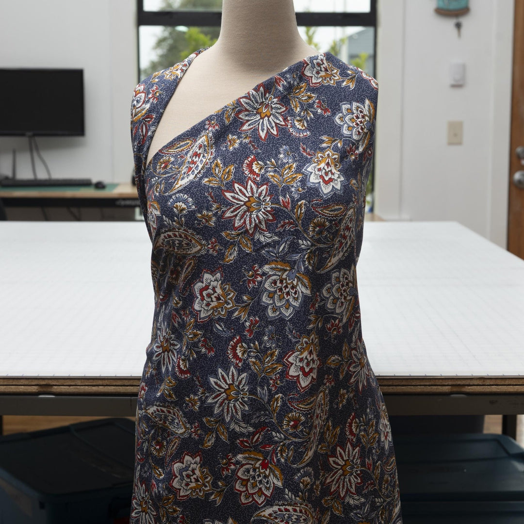 Rayon Challis Navy Paisley fabric, soft lightweight draping material with intricate navy paisley print