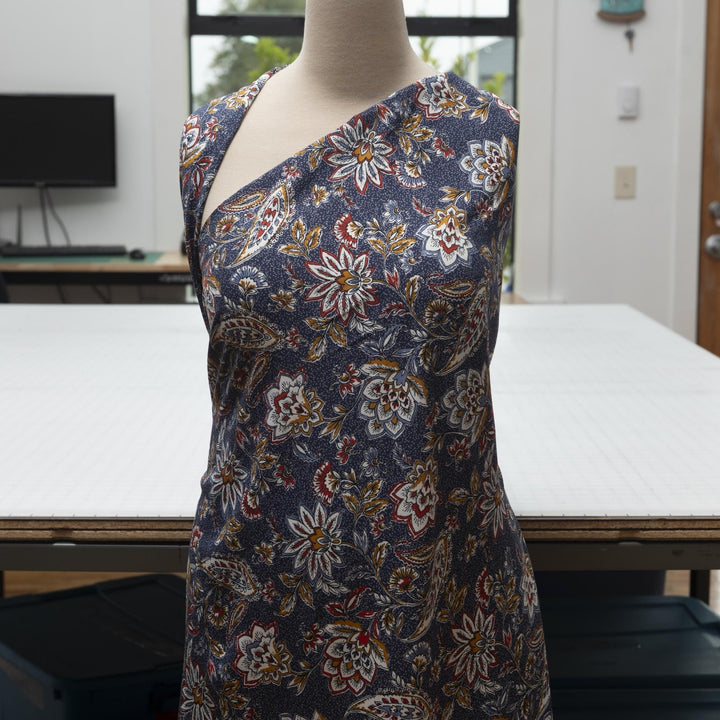 Rayon Challis Navy Paisley fabric, soft lightweight draping material with intricate navy paisley print