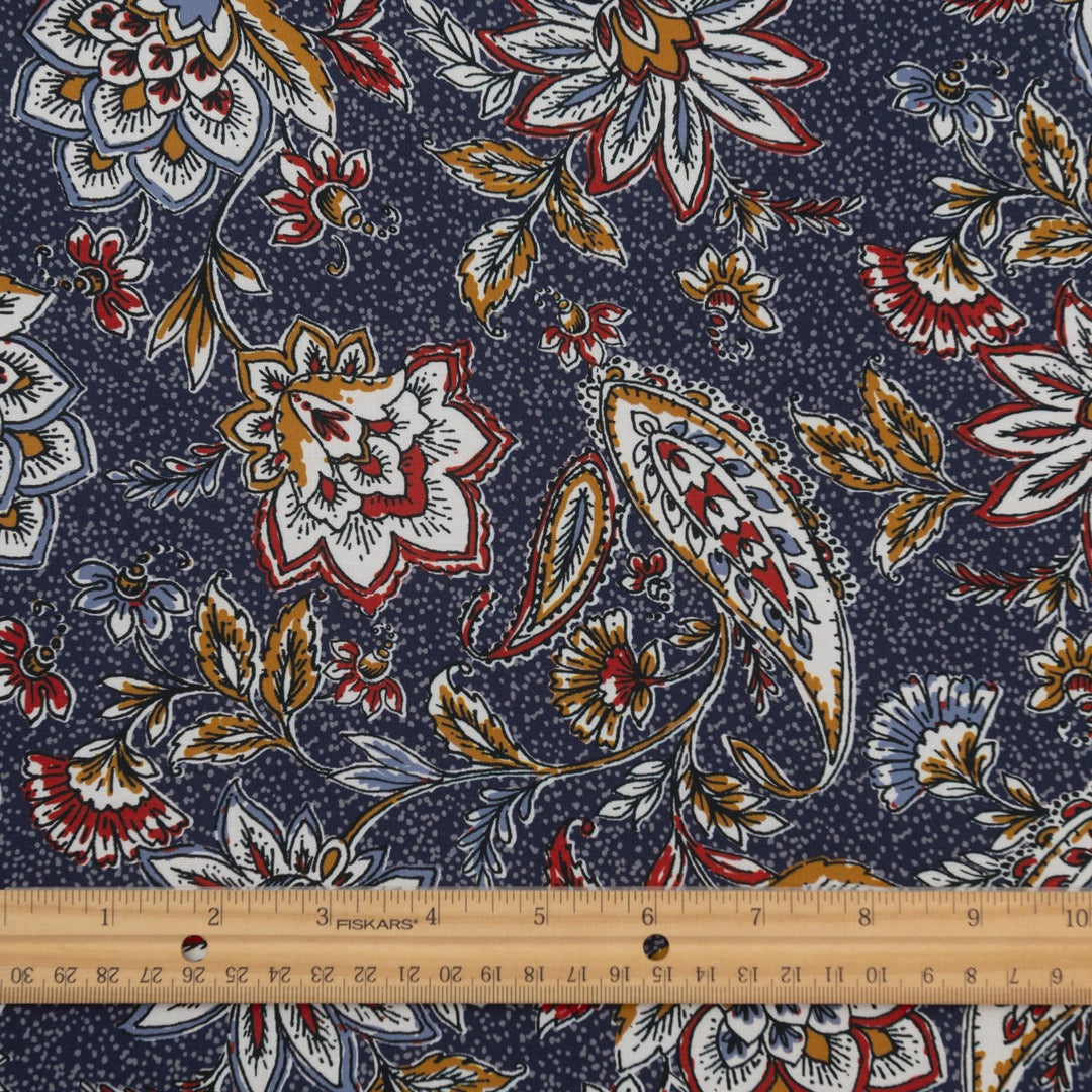 Rayon Challis Navy Paisley fabric, soft lightweight draping material with intricate navy paisley print