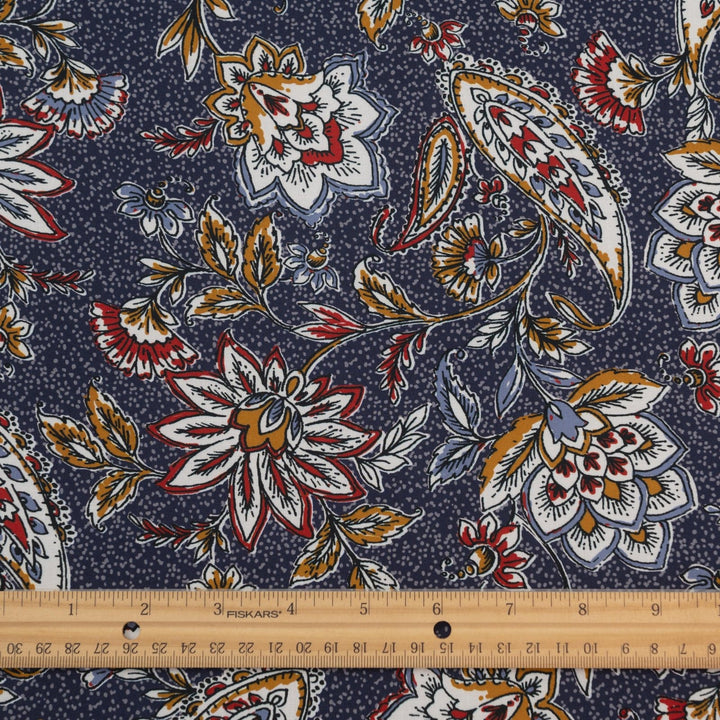 Rayon Challis Navy Paisley fabric, soft lightweight draping material with intricate navy paisley print