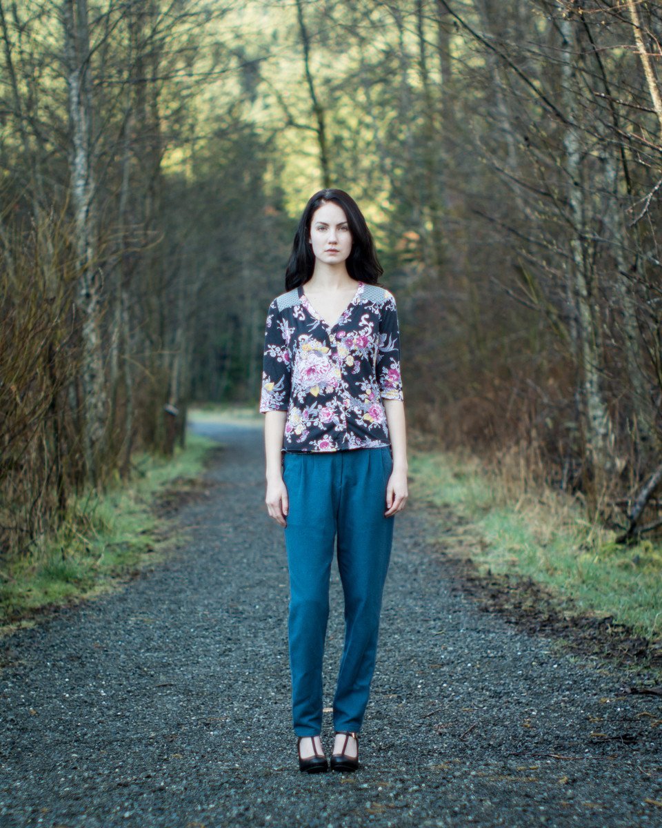 Thread Theory Camas Blouse sewing pattern with gathered yokes, curved V-neckline, and slim elbow-length sleeves