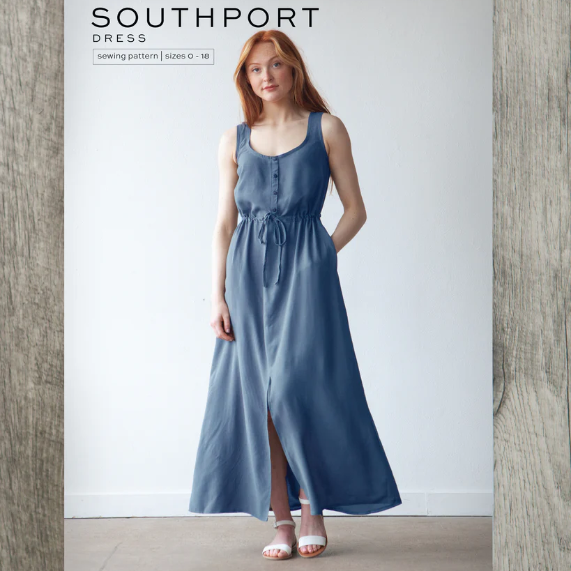 True Bias Southport Dress sewing pattern with button-front closure, drawstring waist, inseam pockets, mid-length and maxi-length options