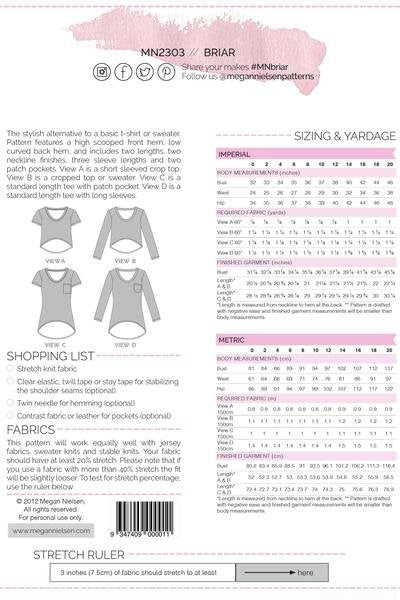 Megan Nielsen Briar sewing pattern featuring crop and standard-length tops, multiple sleeve options, patch pockets, and curved hem