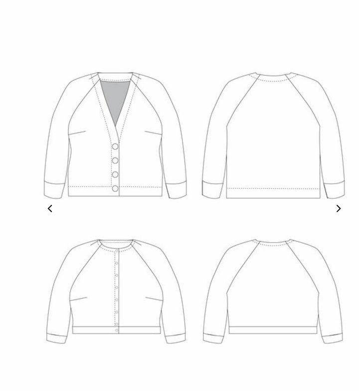 Cashmerette Fuller Cardigan sewing pattern with raglan sleeves, shoulder and bust darts, deep V-neck, and cropped or mid-hip lengths”
