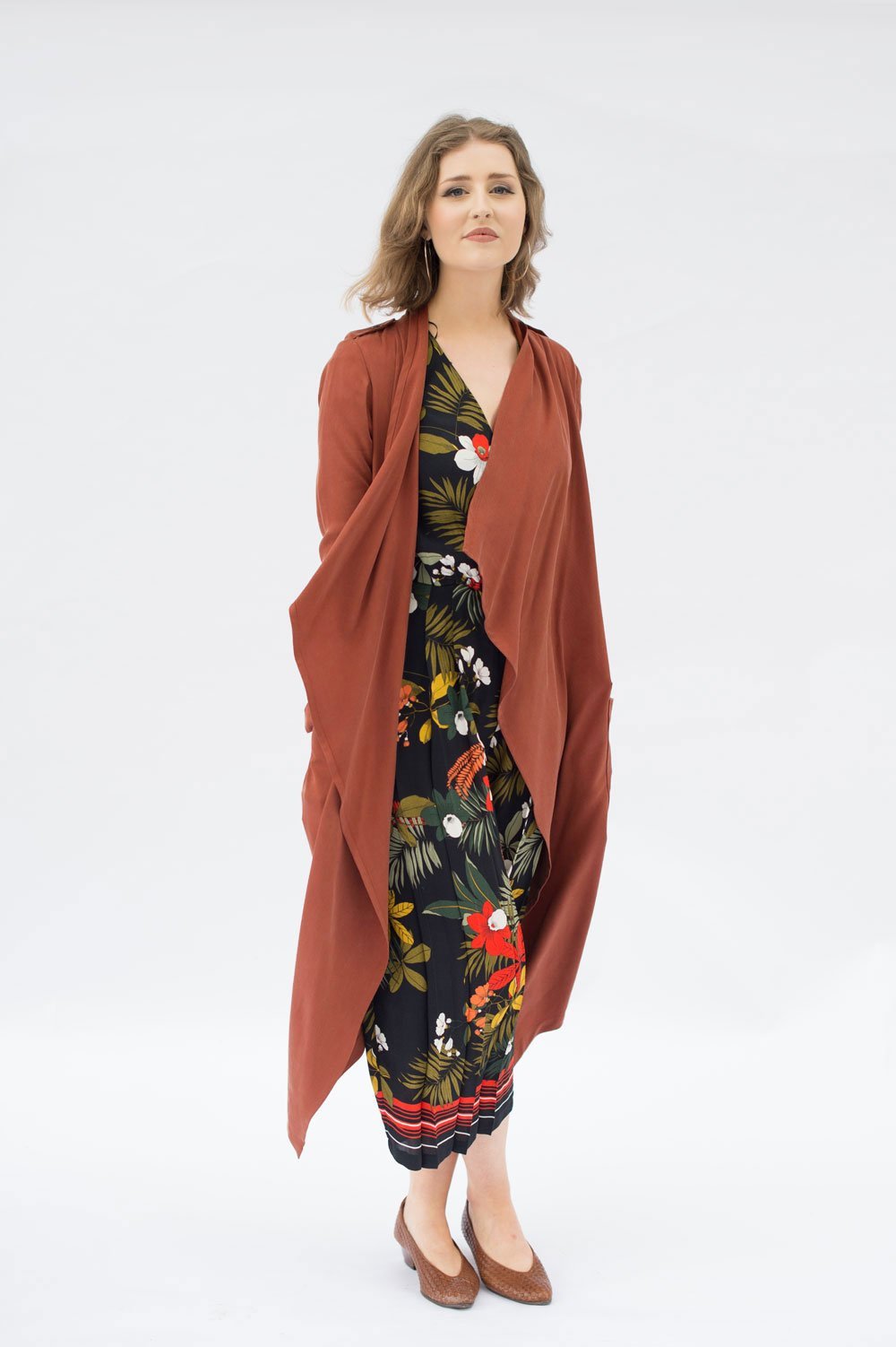 Victory Patterns Ulysses modern trench coat jacket with shawl collar, rain guard overlay, angled patch pockets, and belt