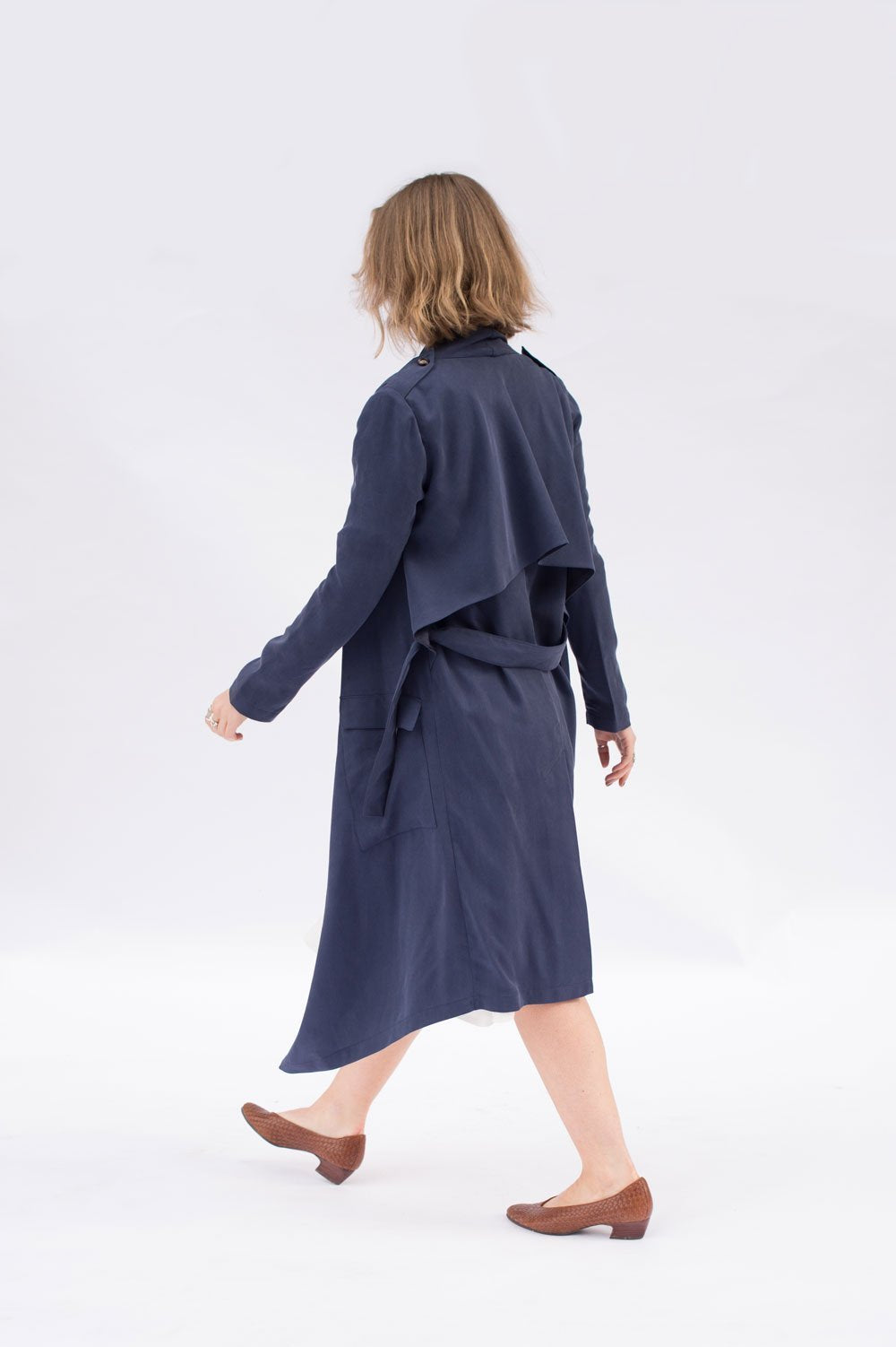 Victory Patterns Ulysses modern trench coat jacket with shawl collar, rain guard overlay, angled patch pockets, and belt