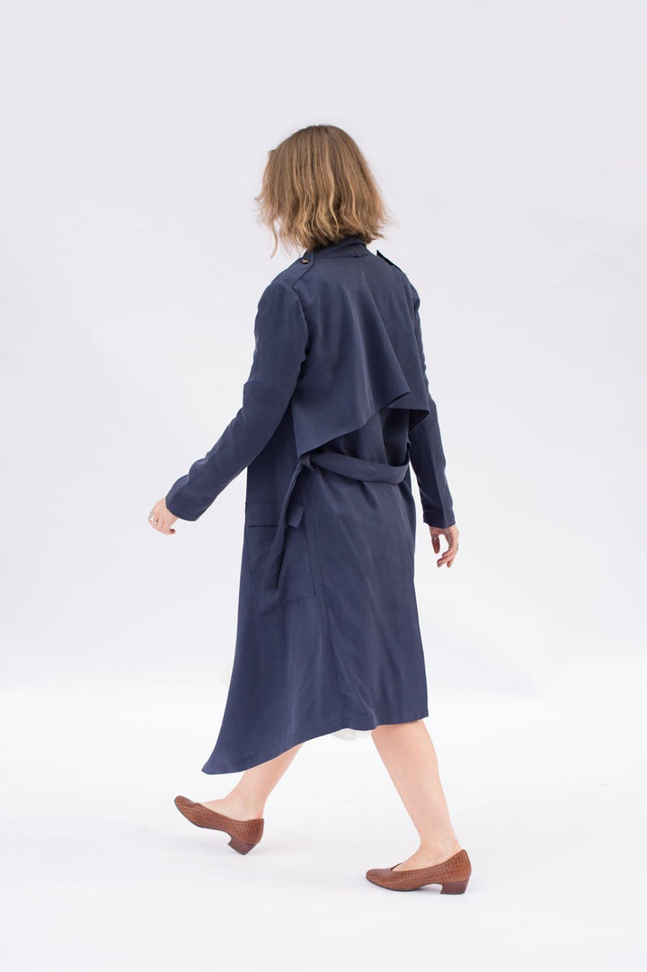 Victory Patterns Ulysses modern trench coat jacket with shawl collar, rain guard overlay, angled patch pockets, and belt