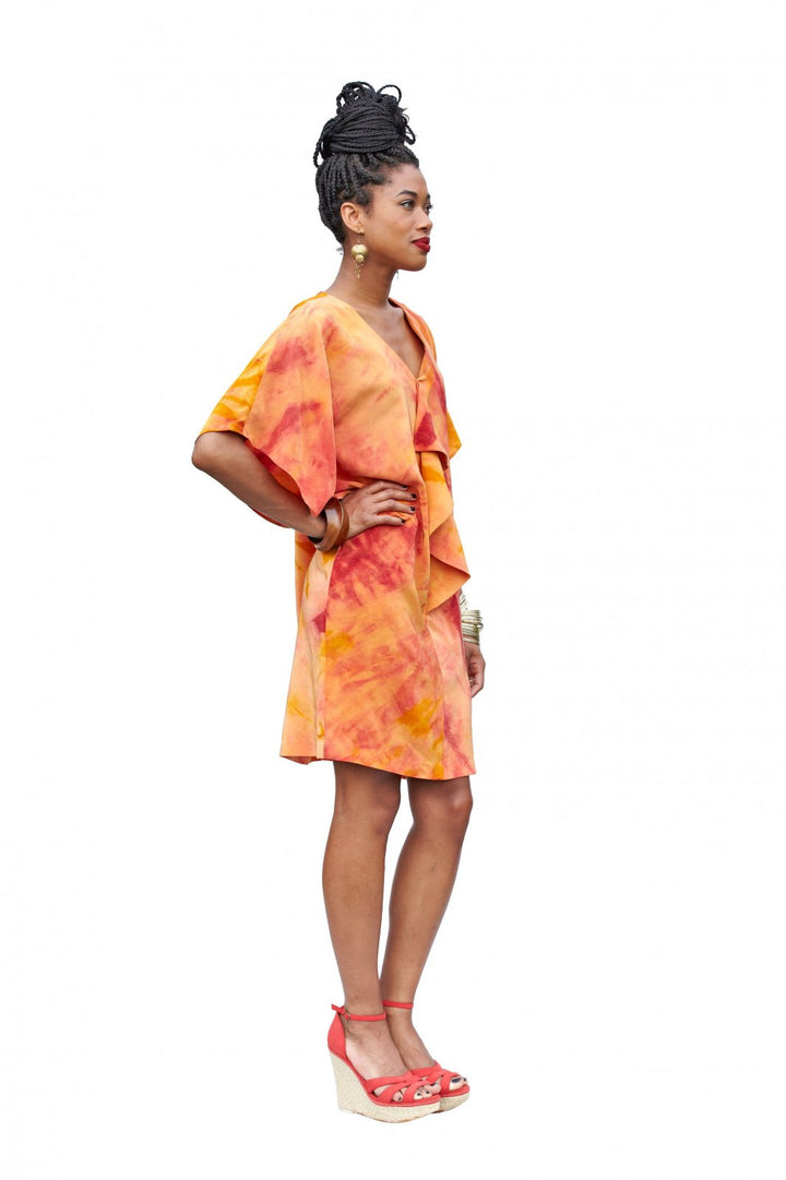 Victory Patterns Satsuki slip-on dress with full sleeves, flounce front, sash waist, and optional peek-a-boo shoulders