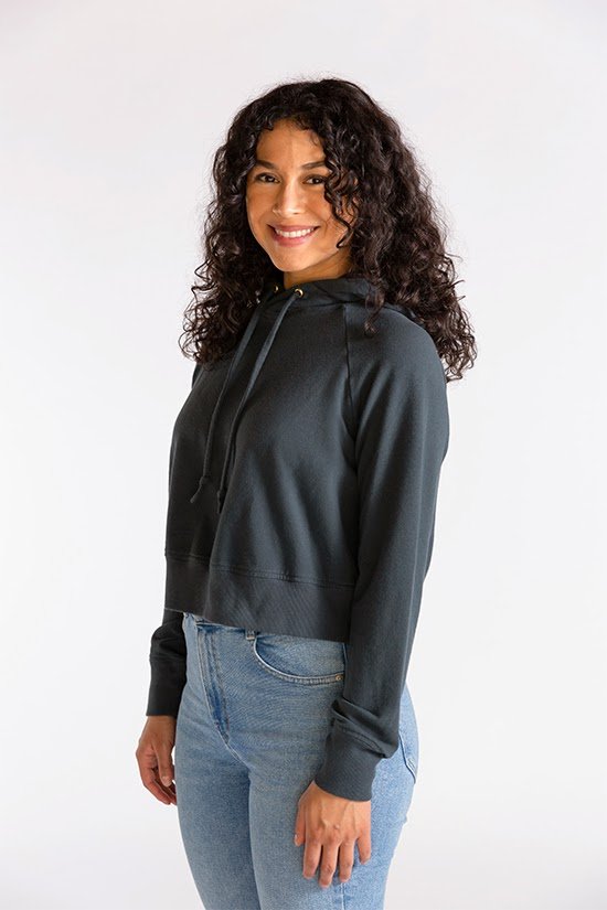Chalk & Notch Page Hoodie sewing pattern cropped hooded sweatshirt with banded or drawstring hem and interchangeable sleeves