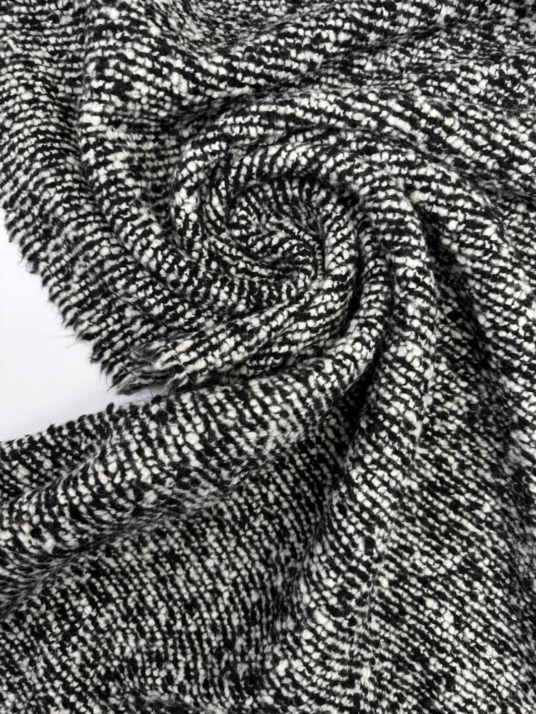 Black and white tweed bouclé wool blend fabric with small texture, Italian heavyweight 56-inch wide, ideal for coats, skirts, and structured suits