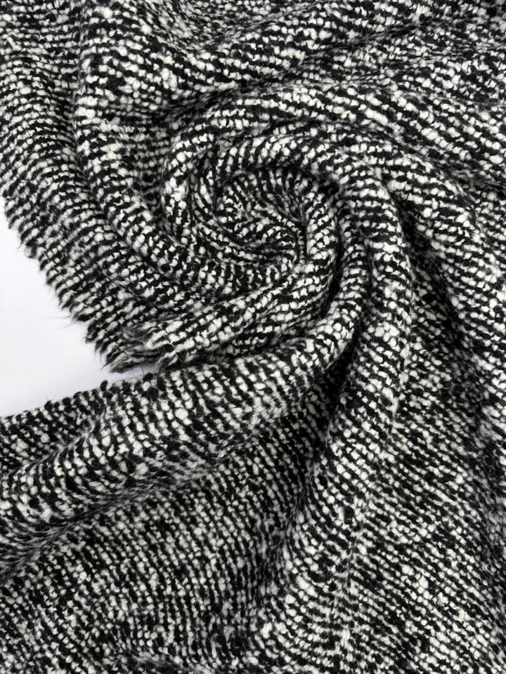 Black and white tweed bouclé wool blend fabric with small texture, Italian heavyweight 56-inch wide, ideal for coats, skirts, and structured suits