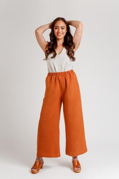 Megan Nielsen Opal sewing pattern for high-waist pants and shorts with paper bag and elastic waist options