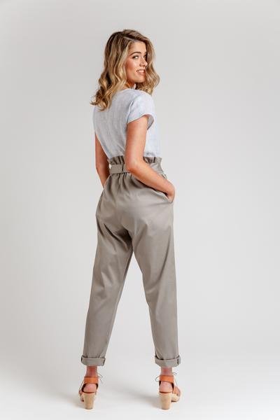 Megan Nielsen Opal sewing pattern for high-waist pants and shorts with paper bag and elastic waist options