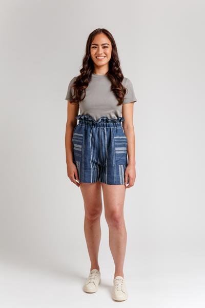Megan Nielsen Opal sewing pattern for high-waist pants and shorts with paper bag and elastic waist options