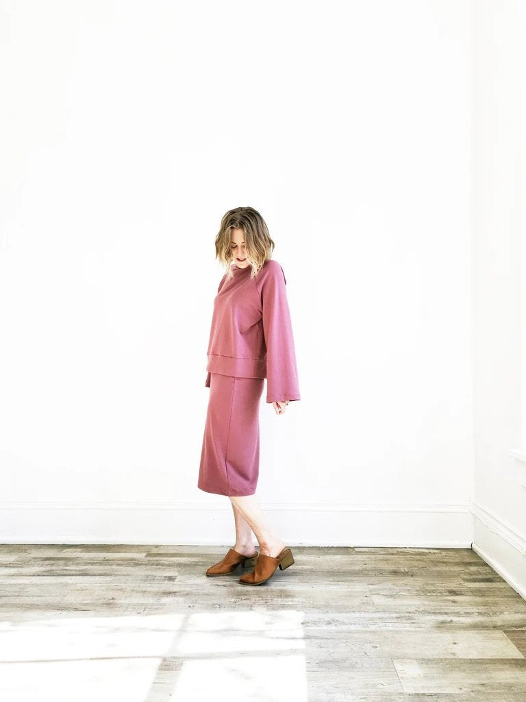Sew House Seven Cosmos Sweatshirt and Elemental Pencil Skirt sewing pattern, oversized raglan top and high-waist pencil skirt