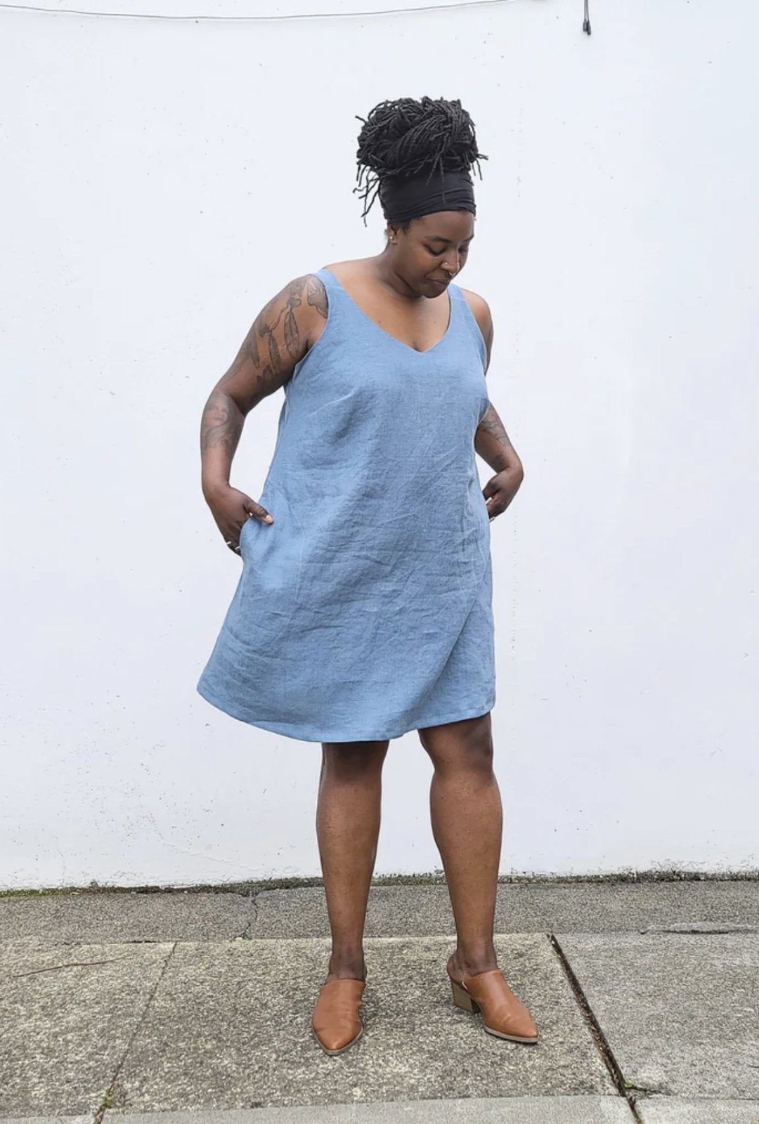 Sew House Seven Sauvie Sundress sewing pattern for curvy sizes with V-necklines, narrow straps, and pocket variations.