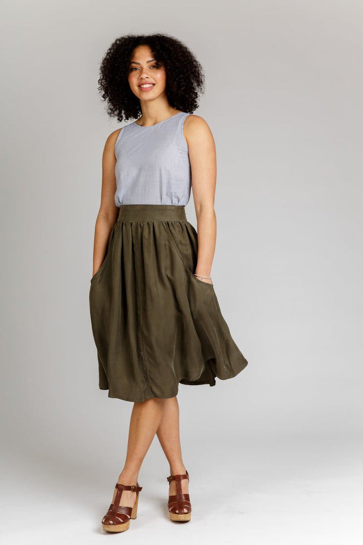 Megan Nielsen - Brumby Skirt sewing pattern with gathered skirt design, deep scoop pockets, exposed zipper, and length variations in sizes 0–20