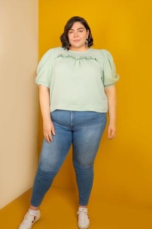 Friday Pattern Co. Sagebrush Top sewing pattern – puff sleeve blouse with gathered front detail, sizes XS–7X