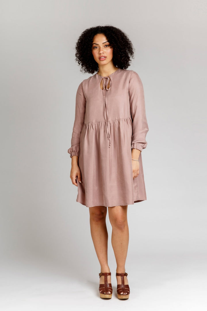 Megan Nielsen Sudley sewing pattern reversible blouse and gathered waist dress with keyhole neckline