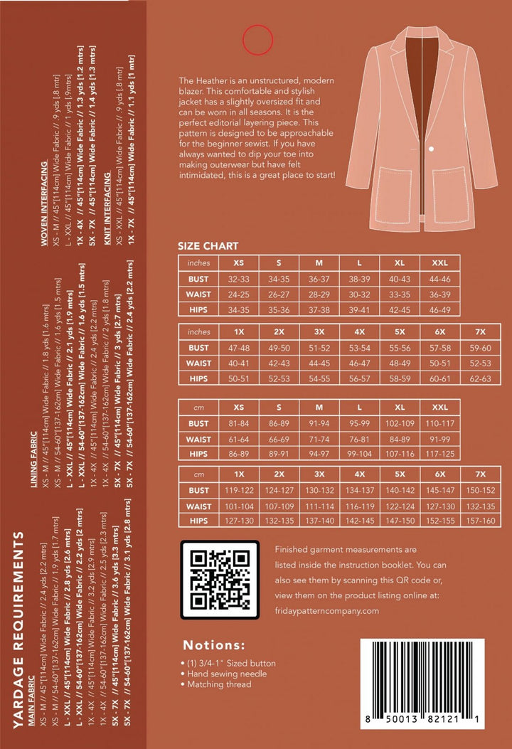 Friday Pattern Co. - The Heather Blazer sewing pattern for oversized unstructured blazer with lining and inclusive sizing XS–7X