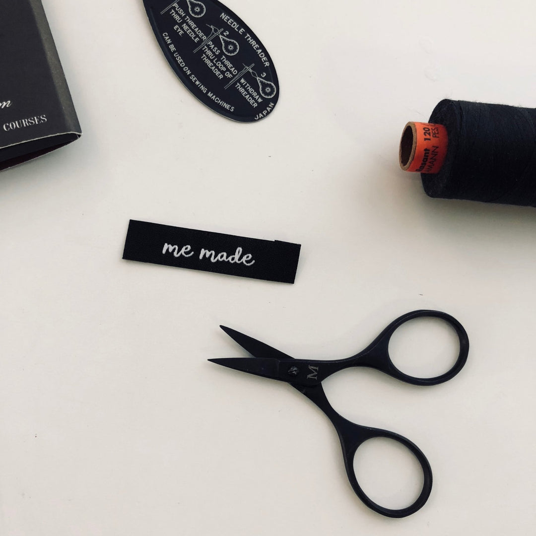 Minimalist 'Me Made' black and white woven labels for handmade clothing - premium sewing tags