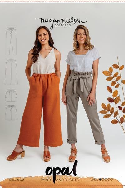 Megan Nielsen Opal sewing pattern for high-waist pants and shorts with paper bag and elastic waist options