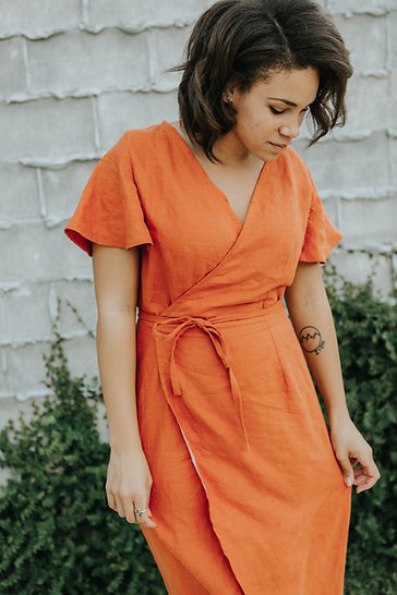 Sew to Grow Charlianne Wrap Dress sewing pattern, flutter sleeves, maxi tulip hem, tailored darts, elegant handmade dress