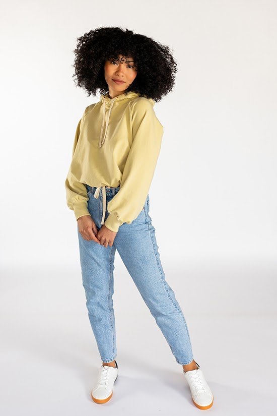 Chalk & Notch Page Hoodie sewing pattern cropped hooded sweatshirt with banded or drawstring hem and interchangeable sleeves