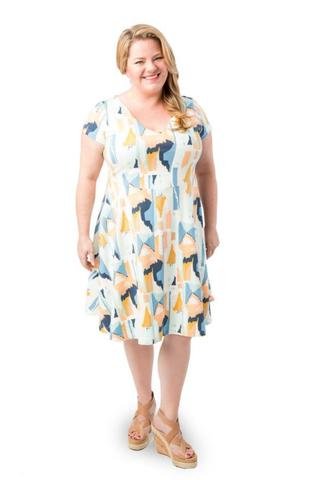 Cashmerette Turner Dress sewing pattern – knit dress with lined V-neck bodice, softly flared skirt, and short, mid, or long sleeves.