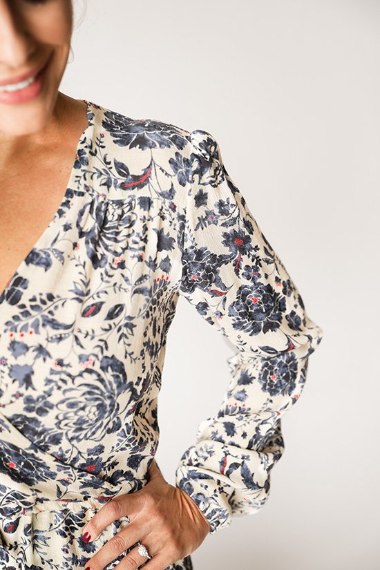 Chalk & Notch Orchid Midi Dress sewing pattern featuring wrap bodice, flowing midi skirt, and sleeve options with ruffle or long gathered sleeves.