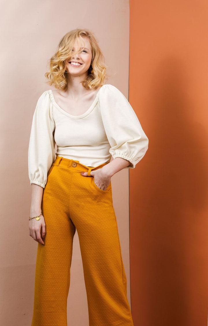 Friday Pattern Co. Joan Trousers in knit fabric with wide legs, waistband, scoop pockets, and optional sash belt