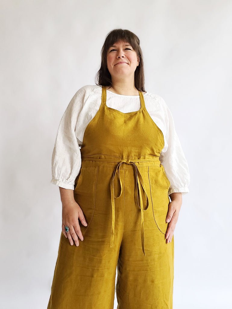 Sew House Seven Burnside Bibs Curvy Fit sewing pattern, scooped or straight front bib, cross-back straps, wide-leg pants