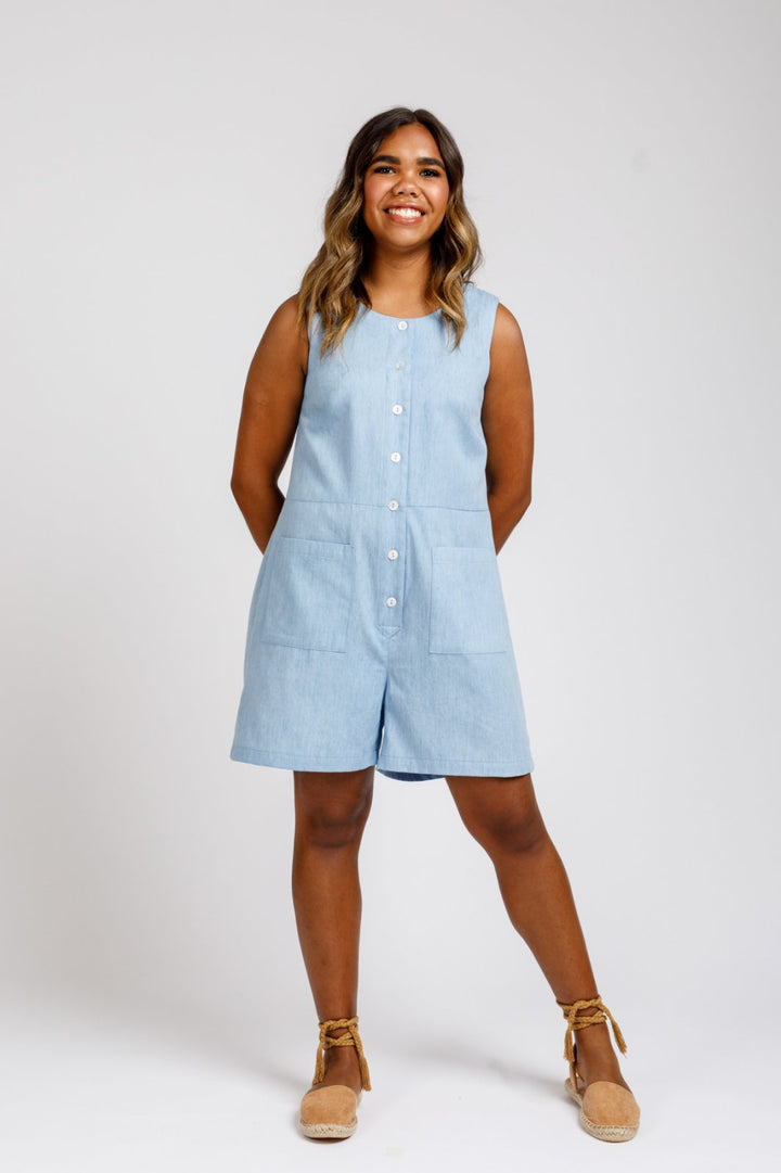 Megan Nielsen Durban sewing pattern mix-and-match jumpsuit and romper set with multiple neckline and leg options
