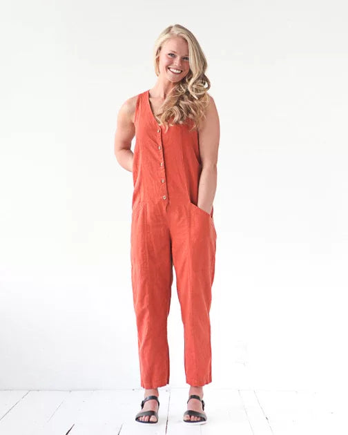 True Bias Rory Jumpsuit sewing pattern with sleeveless and extended sleeve options, shorts or ankle-length pants, and optional waist ties.