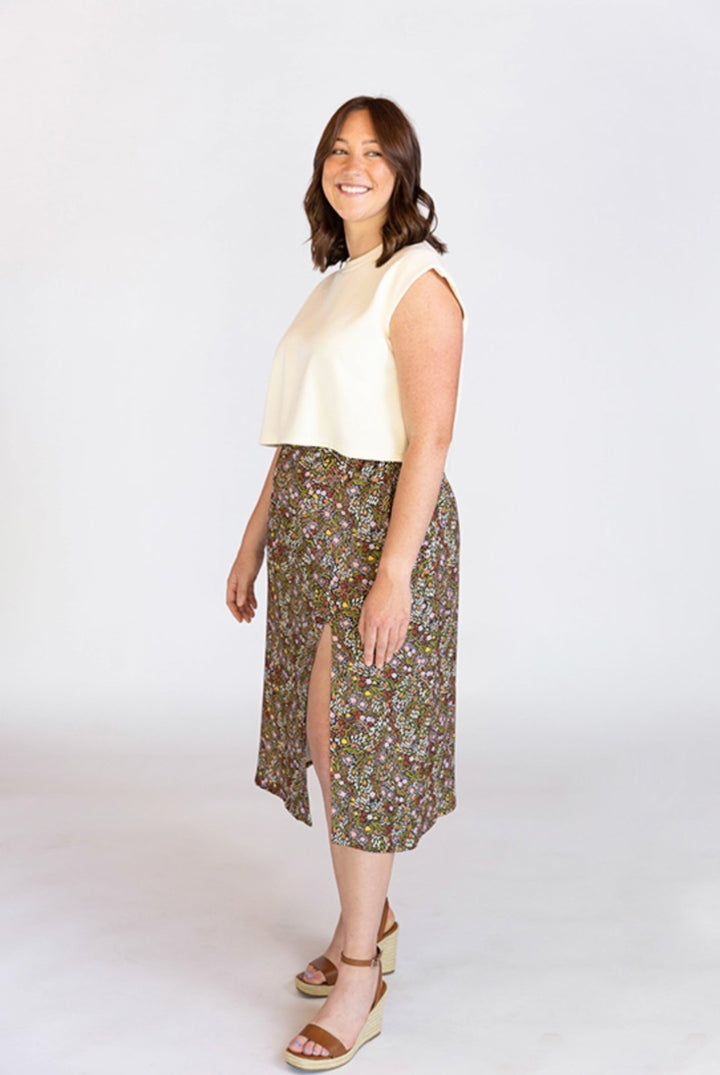 Chalk & Notch Evelyn Skirt sewing pattern with button-front and elastic waist variations in midi and mini lengths, sizes 0–30.