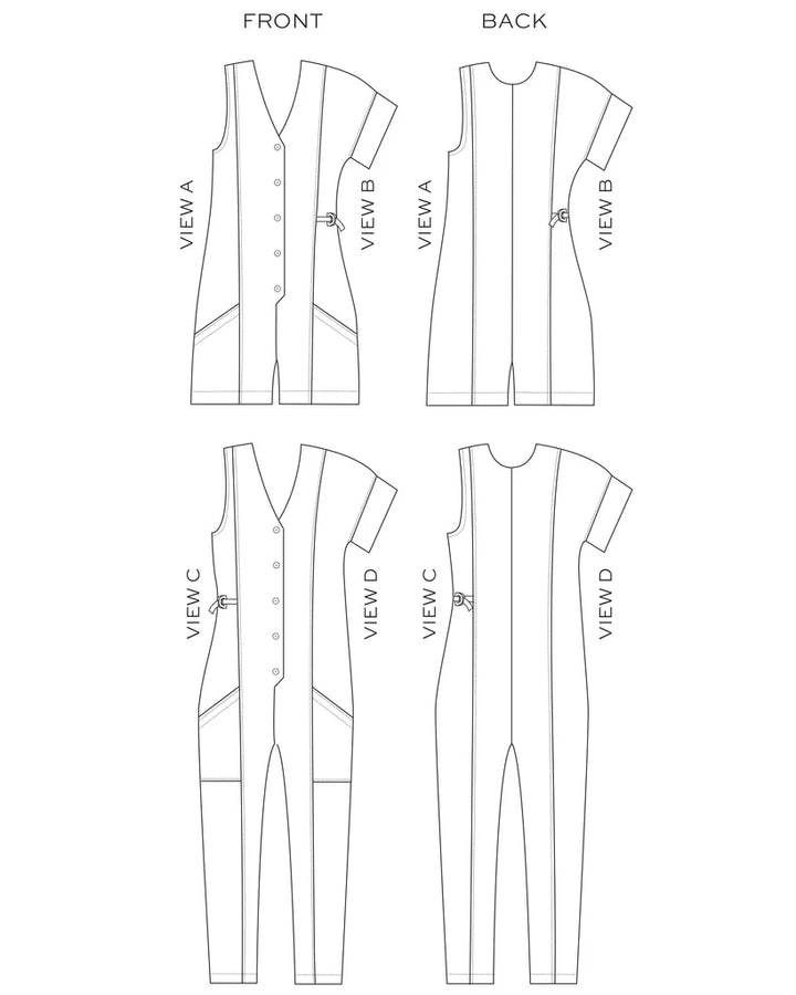 True Bias Rory Jumpsuit sewing pattern with sleeveless and extended sleeve options, shorts or ankle-length pants, and optional waist ties.